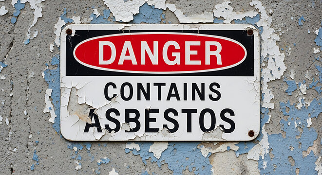 asbestos danger sign on old weathered concrete wall warning of health hazard from hazardous material indicating industrial risk