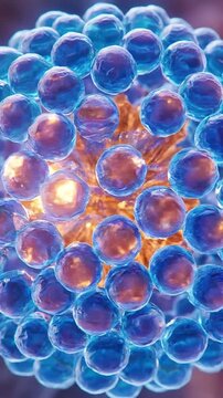 Insulin glucose blood sugar hormone medical molecule cell biology anatomy close up blue cell cluster glowing molecule structure, cell model, pancreas metabolism endocrine concept showing hormone