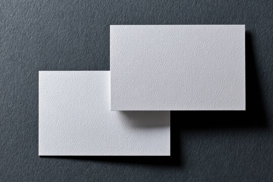 Two blank textured white business cards are stacked on a dark grey surface