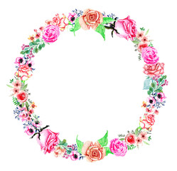 Cornice circolarecon rose e foglie in stile acquerello per inviti e decorazioni © sommaria
