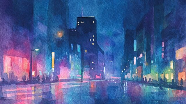 水彩タッチの夜の街並み カラフルなネオンと雨の反射 都市背景イラスト