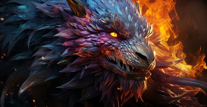 Dark Fantasy Dragon with Glowing Eye Surrounded by Flames