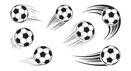 Flying soccer ball illustration set with creative motion trails and dynamic speed effects. © Tamanna