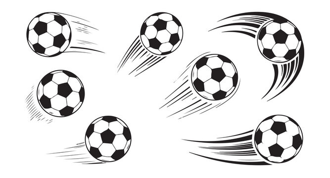 Flying soccer ball illustration set with creative motion trails and dynamic speed effects.