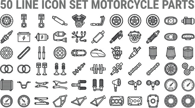 Motorcycle parts line icon set featuring detailed mechanical components tools and engine elements for repair and maintenance design