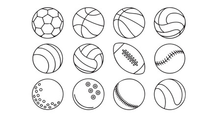 Fototapeta premium Twelve sport equipment balls vector graphic outline icons for game.