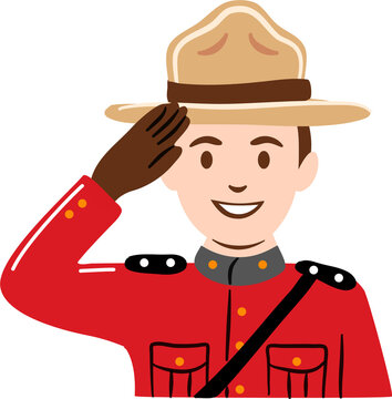Friendly Canadian Mountie officer saluting in traditional red serge uniform