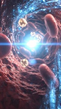 Insulin glucose blood sugar hormone medical red blood cell bloodstream artery vein flow through blood vessel with insulin glucose sugar hormone medical concept showing red blood cell particle diabetes