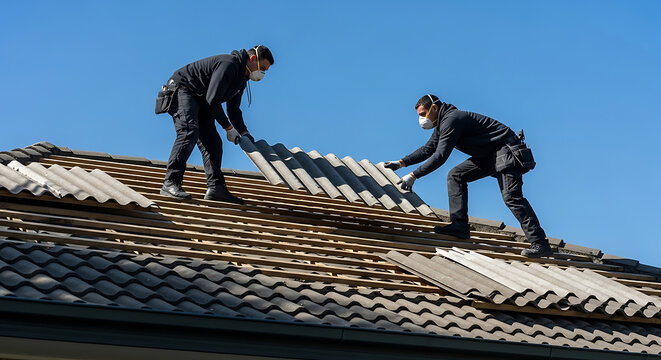 two construction workers in protective masks performing asbestos removal during roof renovation on a house prioritizing safety.