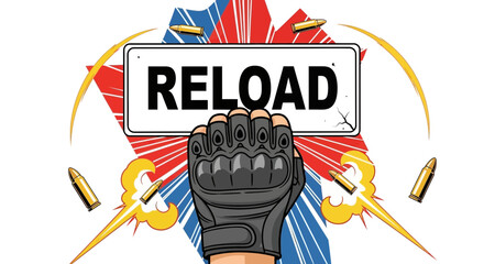 Fist in Tactical Glove with Reload Sign and Bullets, Action Concept © M