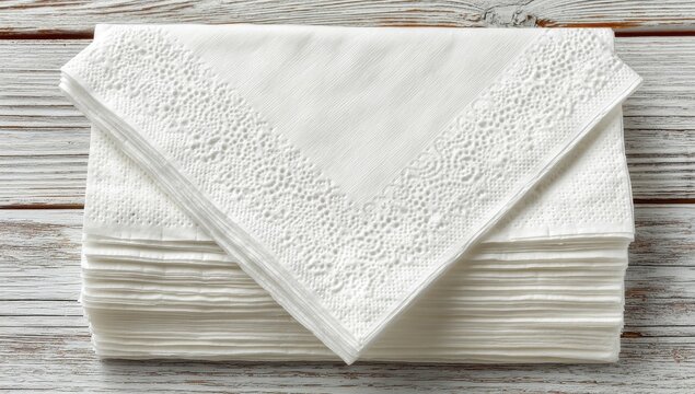 Neatly stacked clean white paper napkins placed diagonally on a neutral gray background, ideal for custom branding, restaurant menus, food service promotions, and event stationery mockups, providing