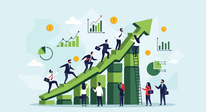 Business people climbing growth graph upward.