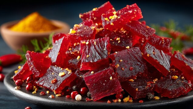 Red dried meat slices, spiced, arranged on a dark plate; a beef jerky or biltong snack flavored with pepper and herbs, highlighting its savory protein texture