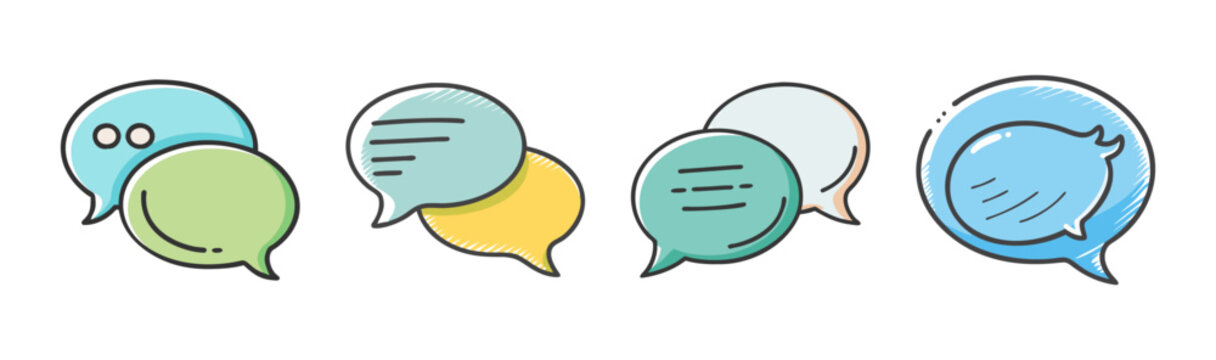 Modern speech bubble icons in flat line style, colorful chat bubbles for communication, set of 4 vector dialogue elements for web design