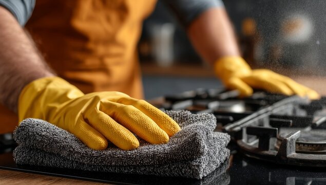 A technician in yellow gloves repairs a gas stove burner in the kitchen, using a tool and checking the gas line connection