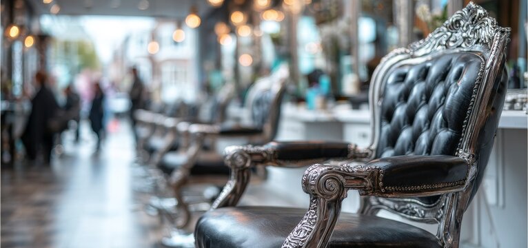 A modern salon interior showcases rows of black barber chairs, with uniformed stylists teaching students hair‑cutting techniques, as future hairdressers develop their skills