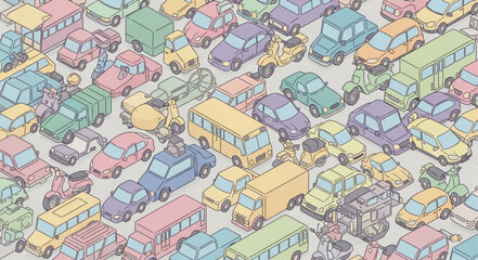 Obraz premium Colorful cartoon cars and buses densely packed together.
