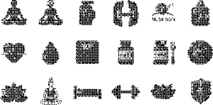 gradient background halftone pixeleted bitmap dither fitness health wellness yoga icons vector isolated