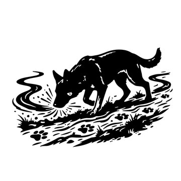 The Sniffer dog icon focusing on the sense of smell, featuring a canine nose tracking a trail on the ground, minimalist black and white vector symbol for detection and searching.
 