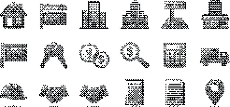gradient background halftone pixeleted bitmap dither real estate business finance icons vector