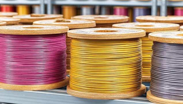 Brightly colored electrical wires are neatly coiled on the shelves of a hardware shop, showing red, blue, and yellow cables, and various rolls of electric cords organized for sale