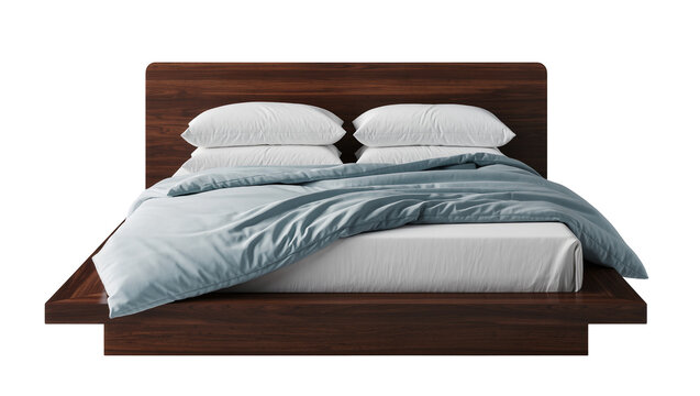 Dark wood platform bed with blue linen bedding and fluffy pillows