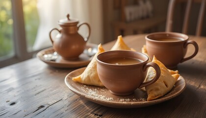 Fototapeta premium “Samosas served with chai tea in clay cups, cozy tea time setting, wooden table, soft morning light, traditional Pakistani Indian breakfast vibe”