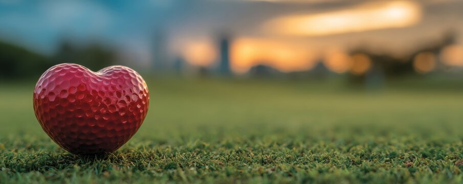A red heart‑shaped golf ball on sun‑kissed green grass at dawn, gentle sunlight illuminating the fairway and golf course background, ideal for love or sport themes, includes copy space