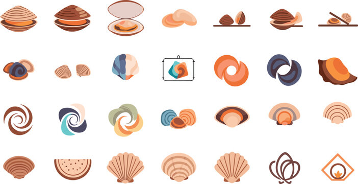 Clam Shell Vector Set Collection with Seafood Icons and Ocean Marine Shapes