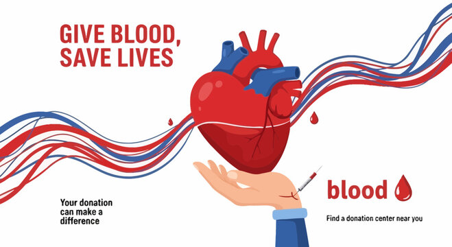 Give Blood Save Lives - Heart Donation Concept with Wavy Lines and Hand