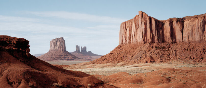 Monument Valley desert landscape with red sandstone buttes and mesas under clear blue sky &ndash; American Southwest travel and nature background