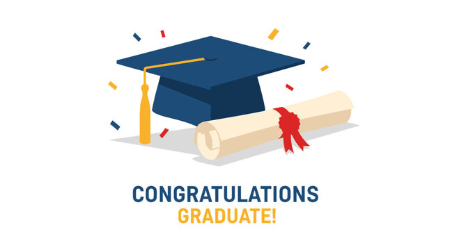 Graduation Cap and Diploma with Confetti - Congratulations Graduate!