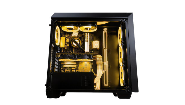 Black Computer Case with Yellow Liquid Cooling System and Components