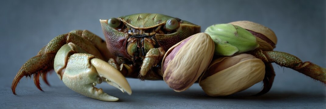 Macro shot of a vivid crab holding a pistachio in its claw against a black background.