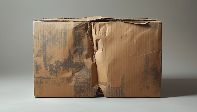 Damaged cardboard box with stains and worn texture minimal background