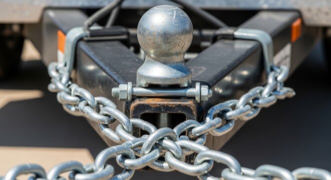 Truck towing small trailer with hitch and chain attachment showing detail of coupling system. Close-up of hitch mechanism used for secure towing, highlighting metal components and functionality.