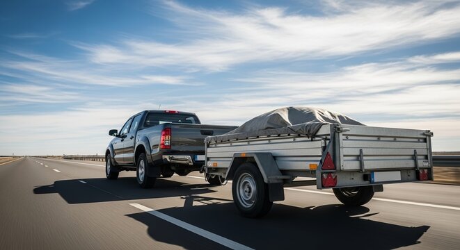 Truck towing trailer on highway with clear skies above and motion blur showing speed. Truck towing small trailer moves down the road, showcasing utility and adventure.