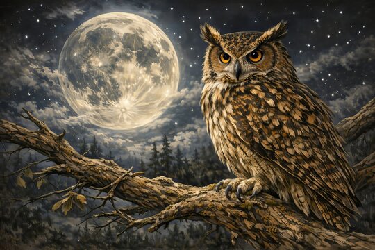buho en una escena nocturna entre la luna y las estrellas