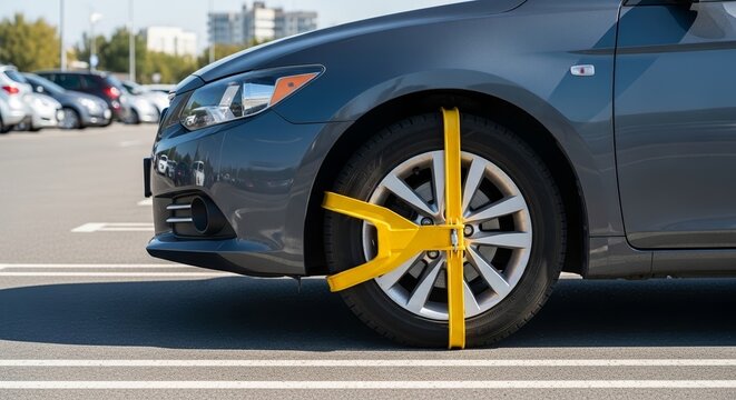 Wheel clamp on parked car in parking lot with bright yellow device securing tire. Wheel clamp provides clear visibility and warning against unlawful parking,