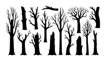 Dead and dry tree silhouettes set spooky forest trunks black vector illustration © MdAiyub