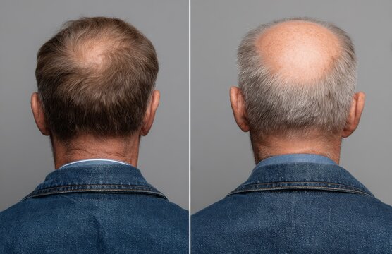 Contrast of a man&rsquo;s back head before and after hair restoration, noting the bald patch on the crown and the thin hair sprouting that shows a noticeable alteration, projecting a favorable prospect for