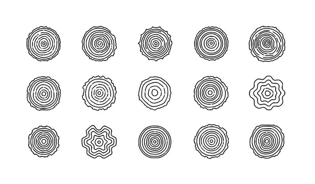 Minimal tree rings icon set wood circle texture line vector collection