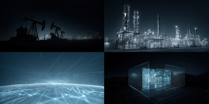 A composite image presenting a four-panel grid showing industrial sites, glowing data networks, and a futuristic digital interface against a dark background.