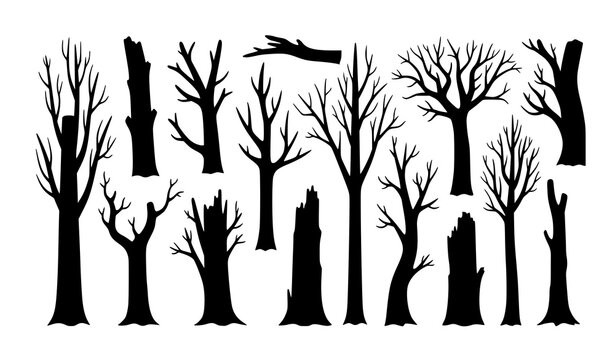 Dead and dry tree silhouettes set spooky forest trunks black vector illustration