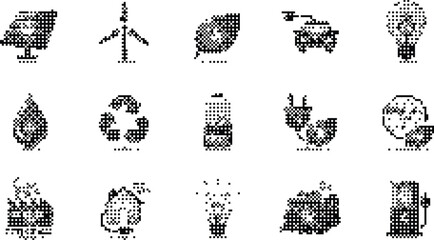 Eco Energy Icons Pixelated Bitmap Halftone Dotted Dither Solar Wind Leaf Car Light Fire Recycle Battery Plug Clock Factory House Light Bulb © Ustocker