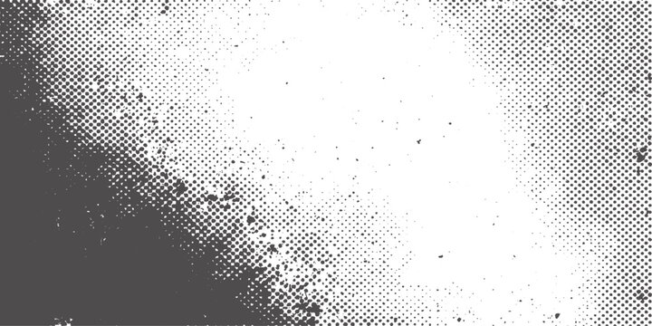 Abstract black and white grunge background featuring a vector pattern of ink splashes and halftone dots with a dirty paint texture and splat silhouette design