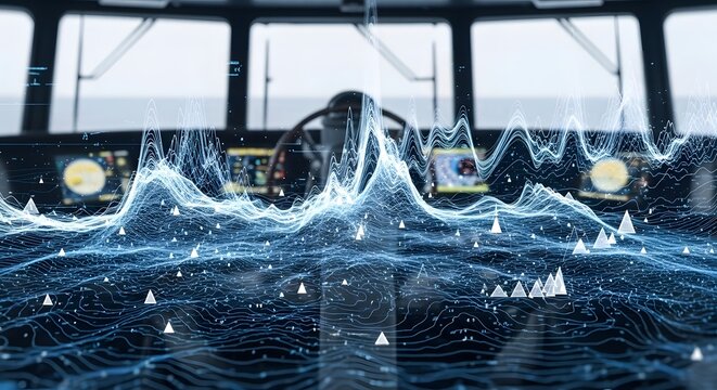 Futuristic digital data waves and sonar graphics in a ship cockpit