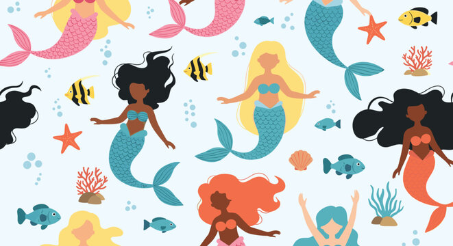 A beautiful seamless pattern of diverse and multicultural mermaids swimming in the ocean with fish starfish and coral reefs.