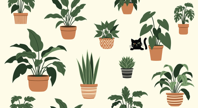 A charming seamless pattern of various green potted house plants with a cute black cat peeking out from behind one of the leaves.
