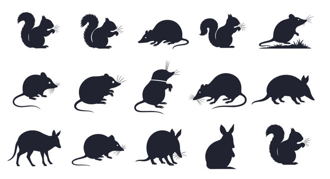 A collection of black silhouettes of various small rodents and insectivores including squirrels mice rats and shrews in different poses.